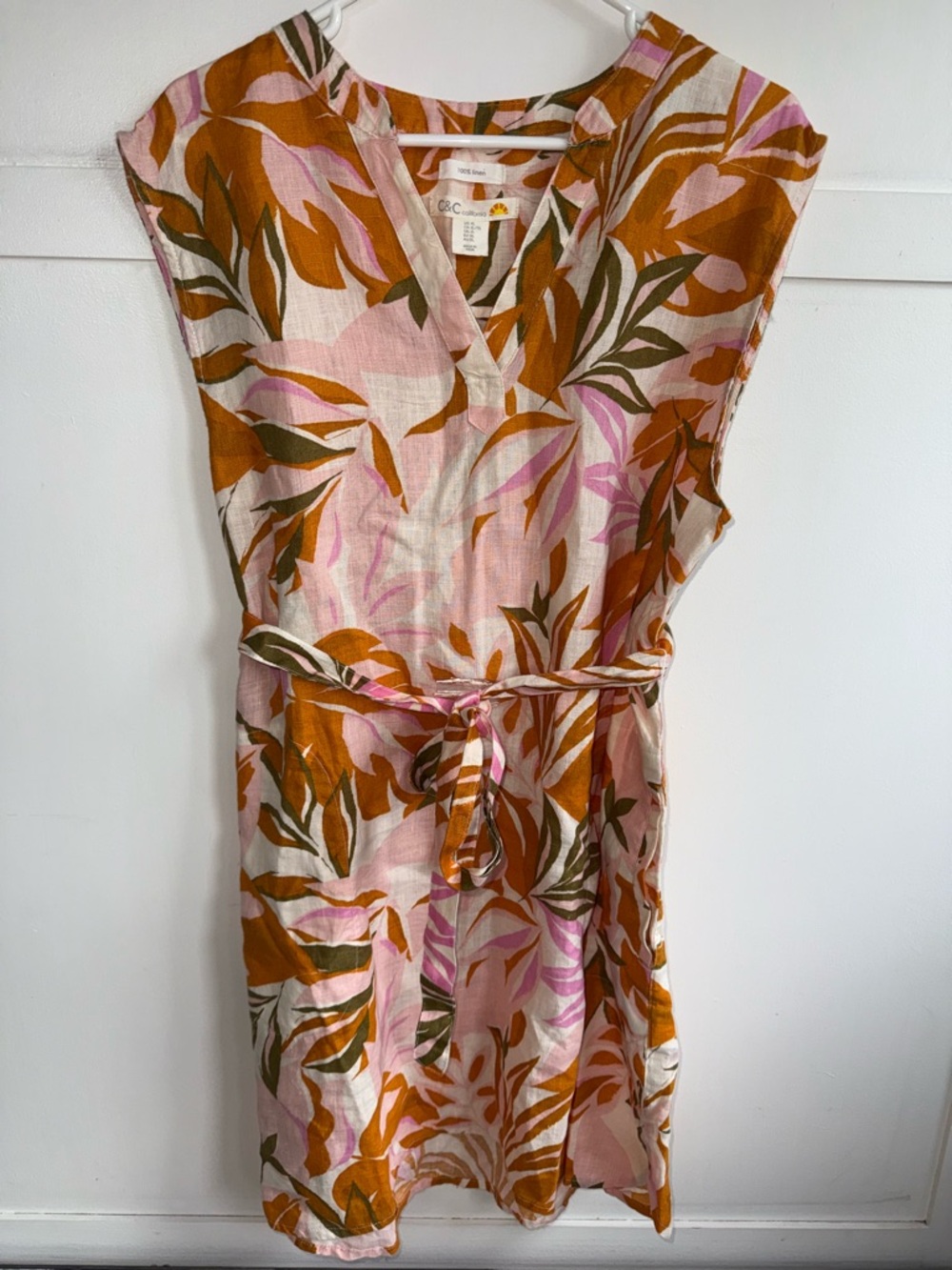 C&C California Linen Dress Womens XL Multicolor Tropical Palm Leaf resort wear